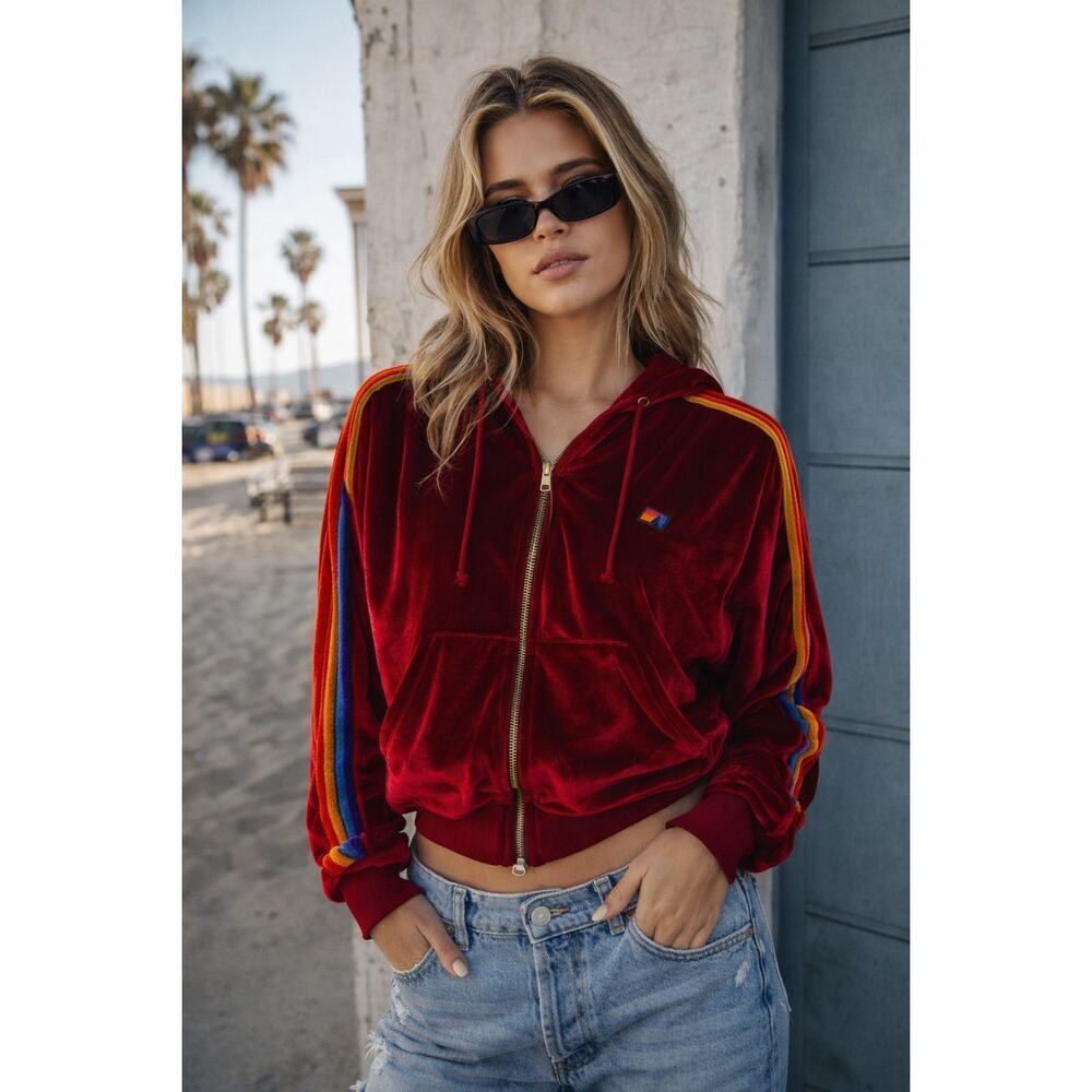 Aviator Nation Red Velvet Rainbow Sleeve Stripe Zip Hoodie – Size S
